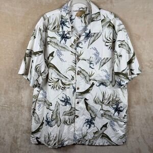 Caribbean Mens L Silk Cotton Blend Tropical Floral Camp Shirt White Green Aloha